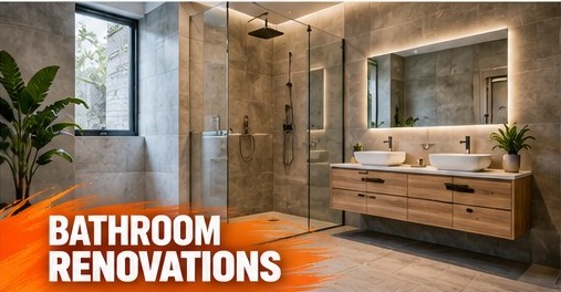 Bathroom design concept, walk-in shower + toilet + bath: modern grey