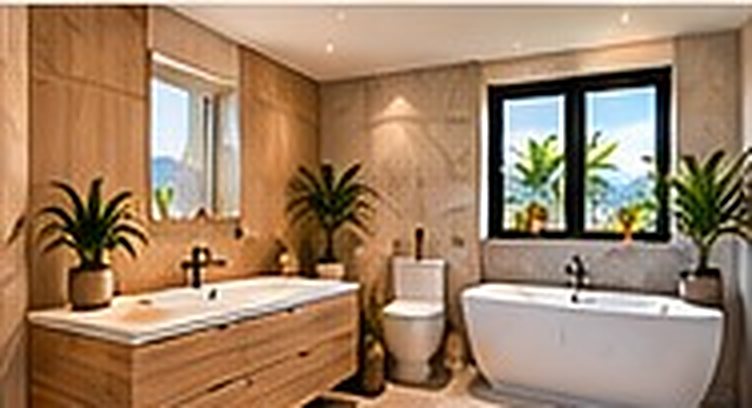 Bathroom design concept, bath + toilet: natural and warm