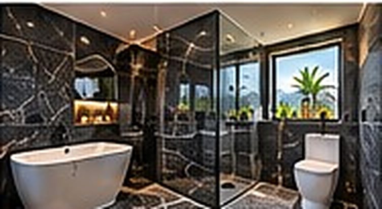 Bathroom design concept, shower + bath + toilet: dark and dramatic