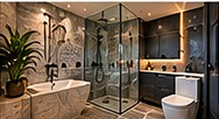 Bathroom design concept, shower + bath + toilet: industrial style